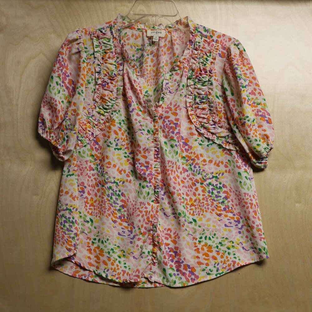 Umgee Abstract Print Puff Sleeve Ruffle Trim Blouse Women's Sz Small